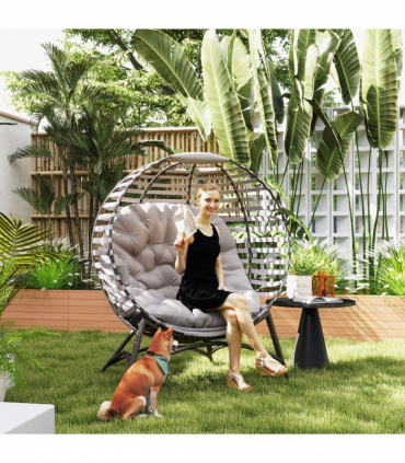 Outsunny Egg Chair w/ Cushion Steel Frame and Side Pocket, Light Grey