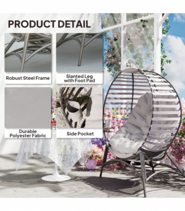 Outsunny Egg Chair w/ Cushion Steel Frame and Side Pocket, Light Grey