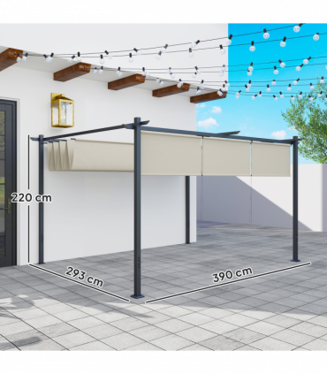 Outsunny 3 x 4m Metal Pergola with Retractable Roof and Roller Shade, Beige