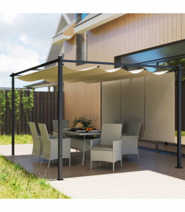 Outsunny 3 x 4m Metal Pergola with Retractable Roof and Roller Shade, Beige