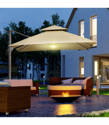 Outsunny 3 x 3(m) Cantilever Umbrella Power Bank Solar Cold Light Khaki