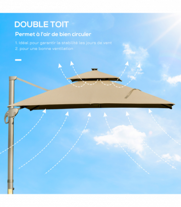 Outsunny 3 x 3(m) Cantilever Umbrella Power Bank Solar Cold Light Khaki