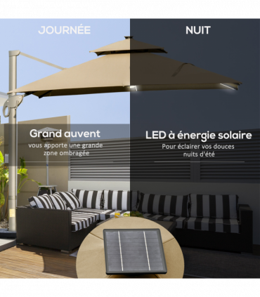 Outsunny 3 x 3(m) Cantilever Umbrella Power Bank Solar Cold Light Khaki