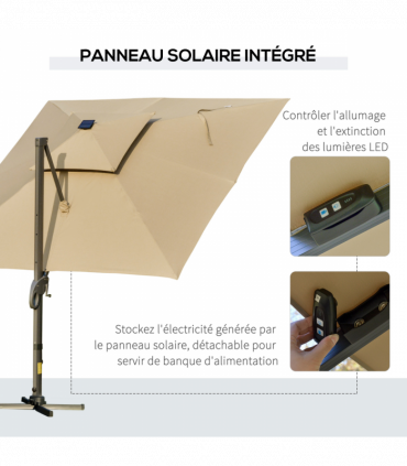 Outsunny 3 x 3(m) Cantilever Umbrella Power Bank Solar Cold Light Khaki