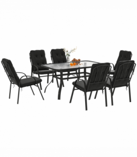 Outsunny 7 PCs Garden Dining Set w/ Umbrella Hole & Cushion, Black