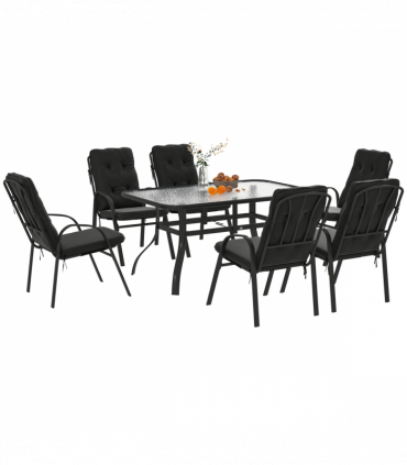 Outsunny 7 PCs Garden Dining Set w/ Umbrella Hole & Cushion, Black