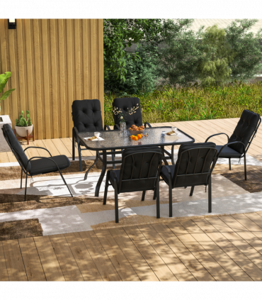 Outsunny 7 PCs Garden Dining Set w/ Umbrella Hole & Cushion, Black