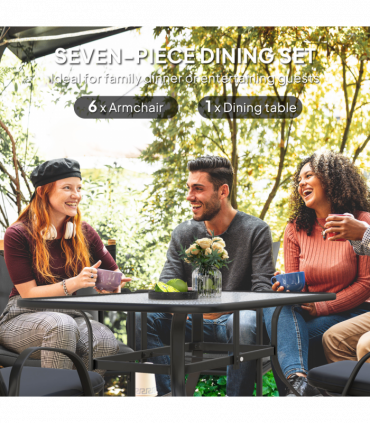 Outsunny 7 PCs Garden Dining Set w/ Umbrella Hole & Cushion, Black