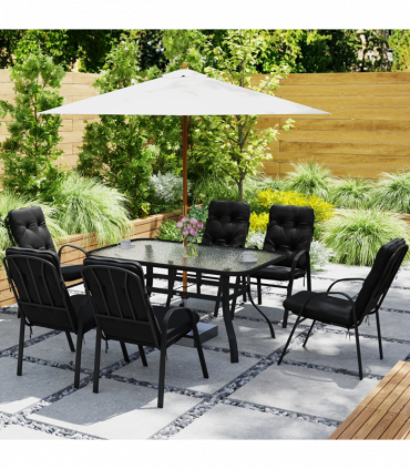 Outsunny 7 PCs Garden Dining Set w/ Umbrella Hole & Cushion, Black