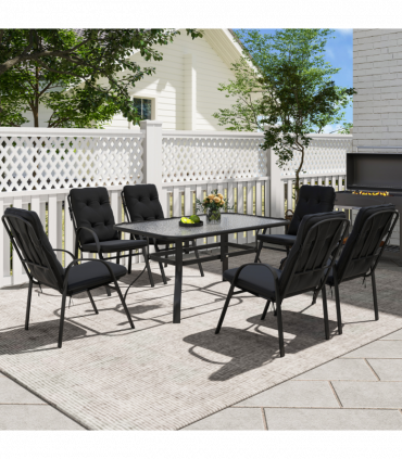 Outsunny 7 PCs Garden Dining Set w/ Umbrella Hole & Cushion, Black