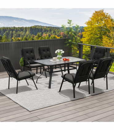 Outsunny 7 PCs Garden Dining Set w/ Umbrella Hole & Cushion, Black