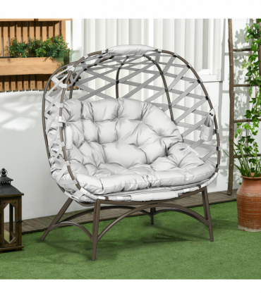 Outsunny 2 Seater Egg Chair Outdoor with Cushion, Cup Pockets - Light Grey