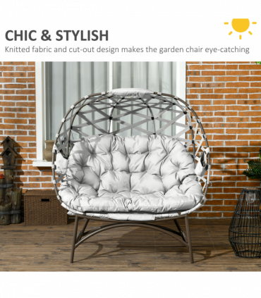 Outsunny 2 Seater Egg Chair Outdoor with Cushion, Cup Pockets - Light Grey