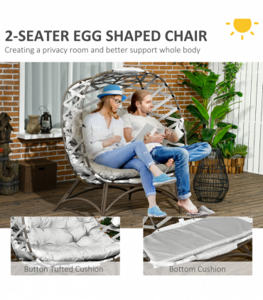 Outsunny 2 Seater Egg Chair Outdoor with Cushion, Cup Pockets - Light Grey