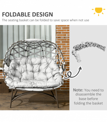 Outsunny 2 Seater Egg Chair Outdoor with Cushion, Cup Pockets - Light Grey