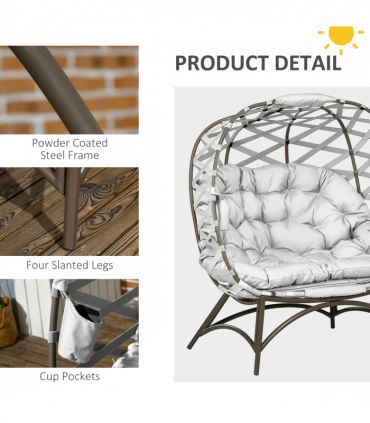 Outsunny 2 Seater Egg Chair Outdoor with Cushion, Cup Pockets - Light Grey