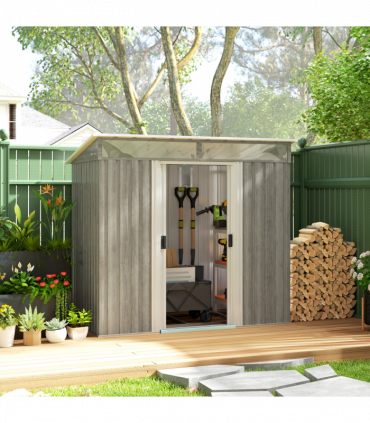 Outsunny 6.5x4FT Garden Shed Lockable Metal Tool Shed Light Grey Wood Effect