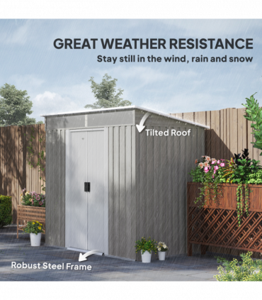 Outsunny 6.5x4FT Garden Shed Lockable Metal Tool Shed Light Grey Wood Effect