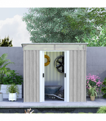Outsunny 6.5x4FT Garden Shed Lockable Metal Tool Shed Light Grey Wood Effect