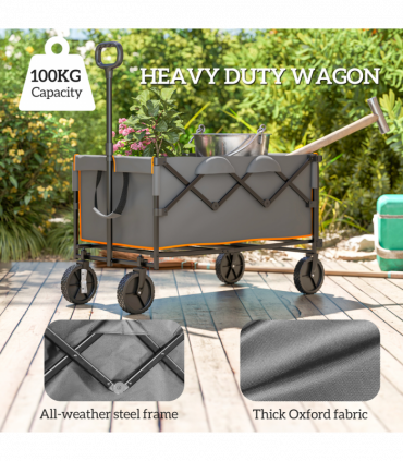 Outsunny 160L Folding Trolley Cart w/ Adjustable Handle, Grey and Orange