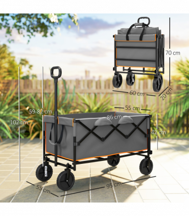 Outsunny 160L Folding Trolley Cart w/ Adjustable Handle, Grey and Orange