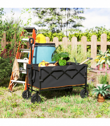 Outsunny 160L Folding Trolley Cart w/ Adjustable Handle, Black and Orange