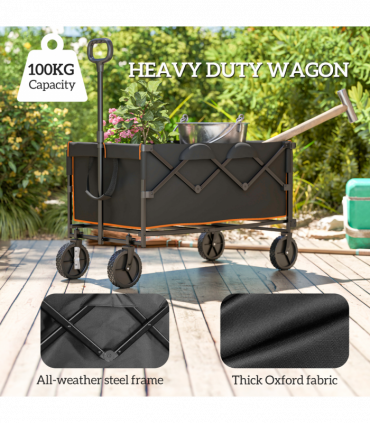 Outsunny 160L Folding Trolley Cart w/ Adjustable Handle, Black and Orange