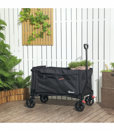 Outsunny Folding Trolley on Wheels, Garden Cart with Openable Sides, Black