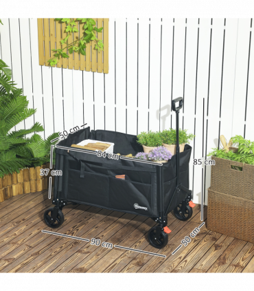 Outsunny Folding Trolley on Wheels, Garden Cart with Openable Sides, Black