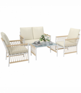 Outsunny 4 Seater Rattan Garden Sofa Set with Glass Top Coffee Table Khaki