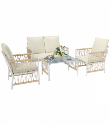 Outsunny 4 Seater Rattan Garden Sofa Set with Glass Top Coffee Table Khaki