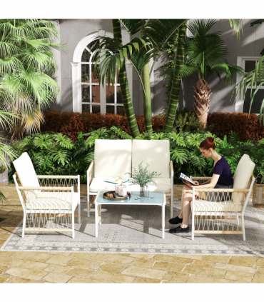 Outsunny 4 Seater Rattan Garden Sofa Set with Glass Top Coffee Table Khaki