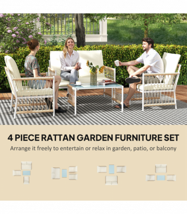 Outsunny 4 Seater Rattan Garden Sofa Set with Glass Top Coffee Table Khaki
