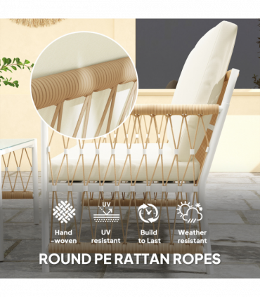 Outsunny 4 Seater Rattan Garden Sofa Set with Glass Top Coffee Table Khaki