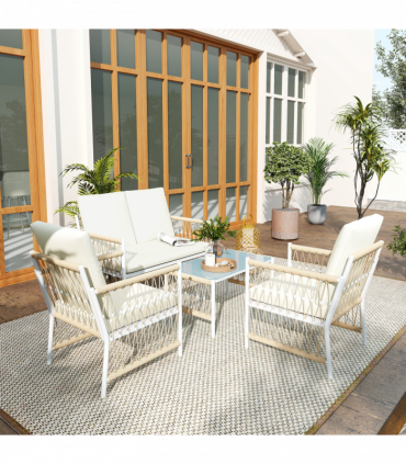 Outsunny 4 Seater Rattan Garden Sofa Set with Glass Top Coffee Table Khaki