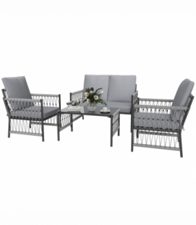 Outsunny 4 Seater Rattan Garden Sofa Set with Glass Top Coffee Table Grey