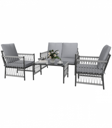 Outsunny 4 Seater Rattan Garden Sofa Set with Glass Top Coffee Table Grey