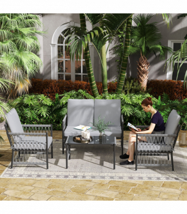 Outsunny 4 Seater Rattan Garden Sofa Set with Glass Top Coffee Table Grey