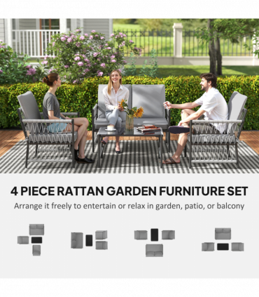 Outsunny 4 Seater Rattan Garden Sofa Set with Glass Top Coffee Table Grey