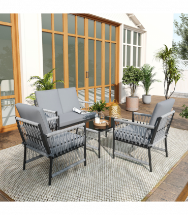 Outsunny 4 Seater Rattan Garden Sofa Set with Glass Top Coffee Table Grey