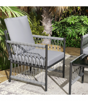 Outsunny 4 Seater Rattan Garden Sofa Set with Glass Top Coffee Table Grey