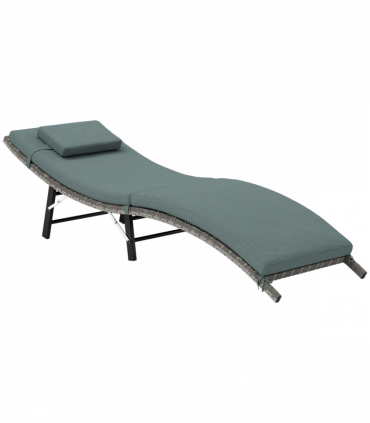 Outsunny Folding Rattan Sun Lounger with Cushion and Pillow, Mixed Grey