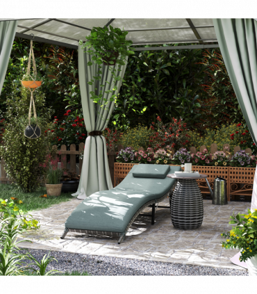 Outsunny Folding Rattan Sun Lounger with Cushion and Pillow, Mixed Grey