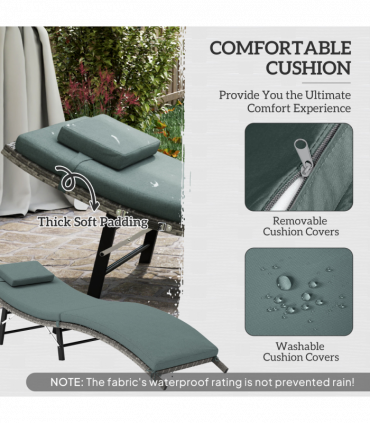 Outsunny Folding Rattan Sun Lounger with Cushion and Pillow, Mixed Grey