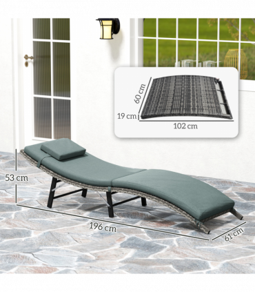 Outsunny Folding Rattan Sun Lounger with Cushion and Pillow, Mixed Grey