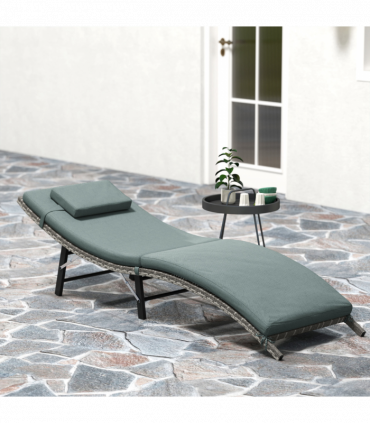 Outsunny Folding Rattan Sun Lounger with Cushion and Pillow, Mixed Grey