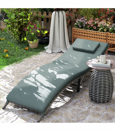 Outsunny Folding Rattan Sun Lounger with Cushion and Pillow, Mixed Grey