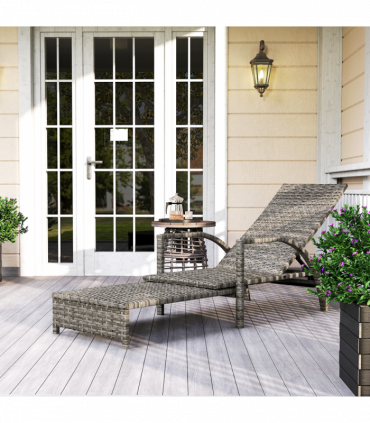 Outsunny PE Rattan Sun Lounger with 4-Level Adjustable Backrest, Mixed-grey