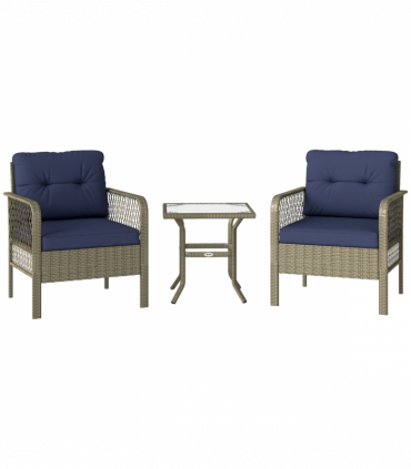 Outsunny 3 Pieces Rattan Bistro Set with Tempered Glass Table Charcoal Grey