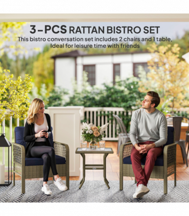 Outsunny 3 Pieces Rattan Bistro Set with Tempered Glass Table Charcoal Grey